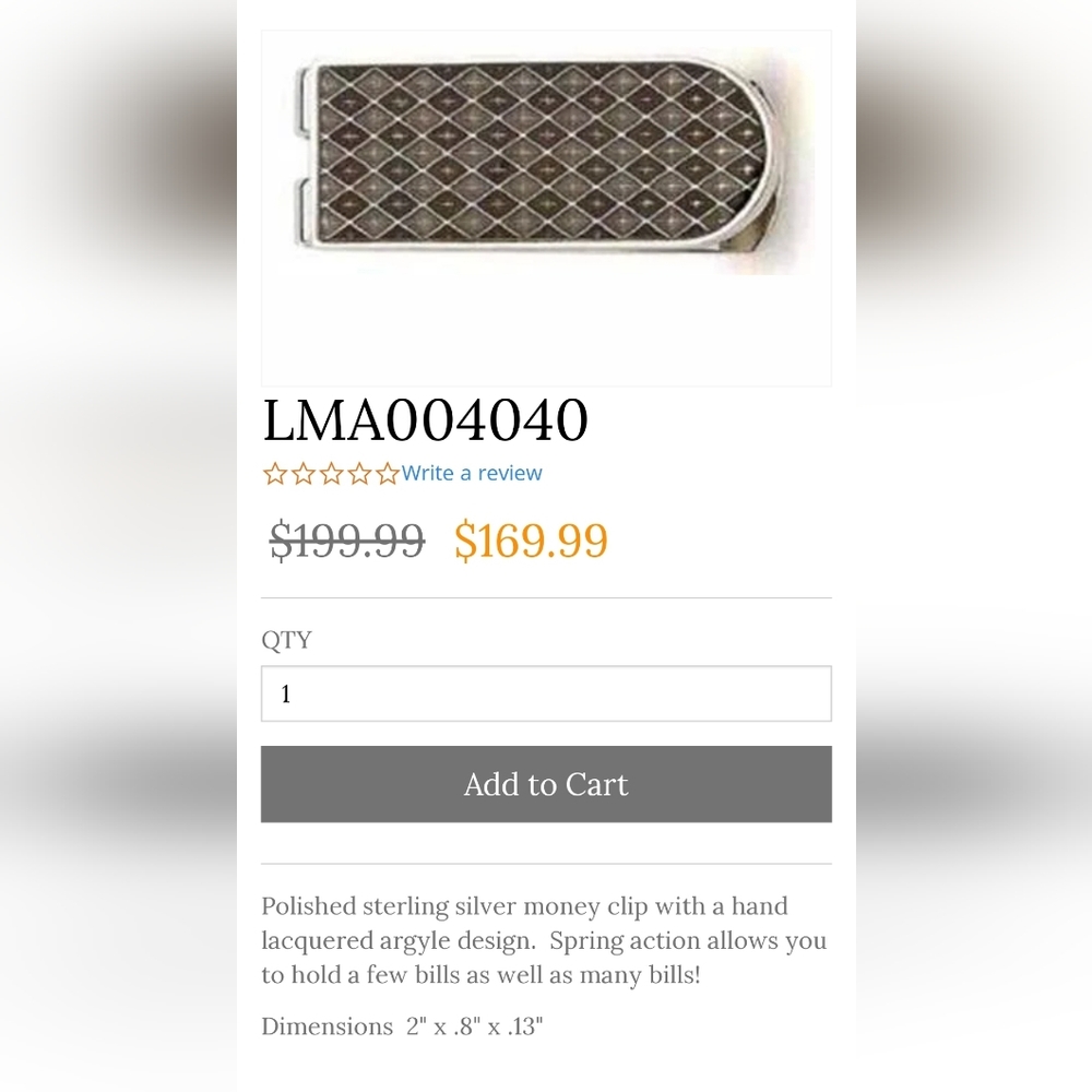 Money Clip. Polished Sterling SilveR_ Hand Lacquered Argyle Design LMA004040